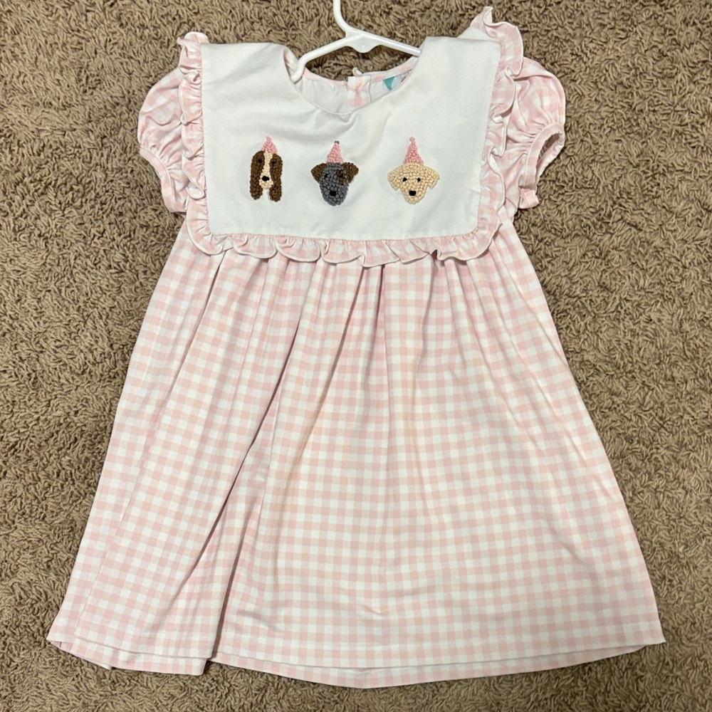Charming Pink Checkered Kids Dress with Puppy Embroidery